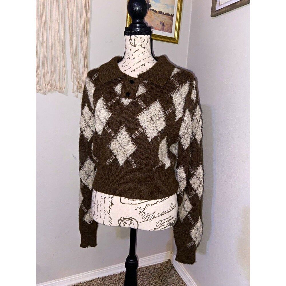 CIDER Brown and White Argyle Knit Collared Button Long Sleeve Pullover Sweater M